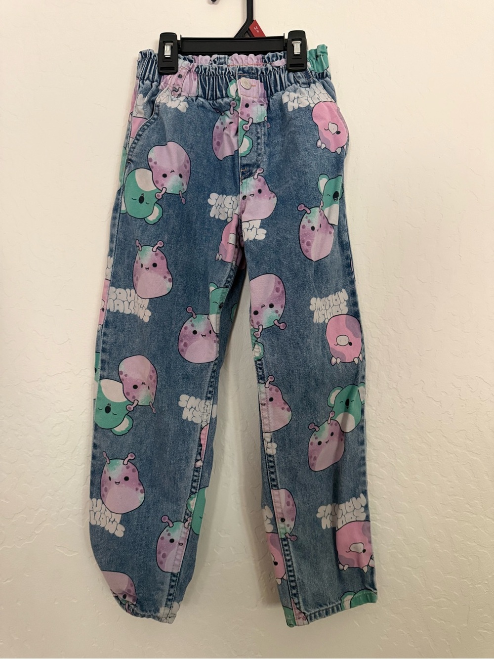 H&M Blue Denim-Look Pajama Pants with Pink & Mint Character Print